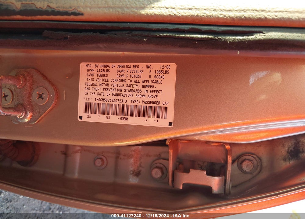 2007 HONDA ACCORD 2.4 EX VIN: 1HGCM56747A072313