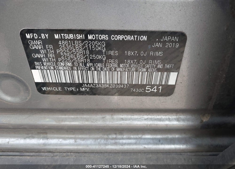 2019 MITSUBISHI OUTLANDER SEL VIN: JA4AZ3A35KZ039437