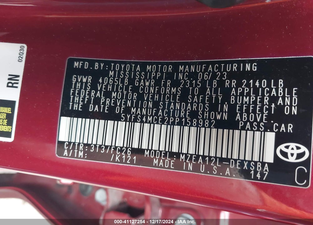 2023 TOYOTA COROLLA SE VIN: 5YFS4MCE2PP158982