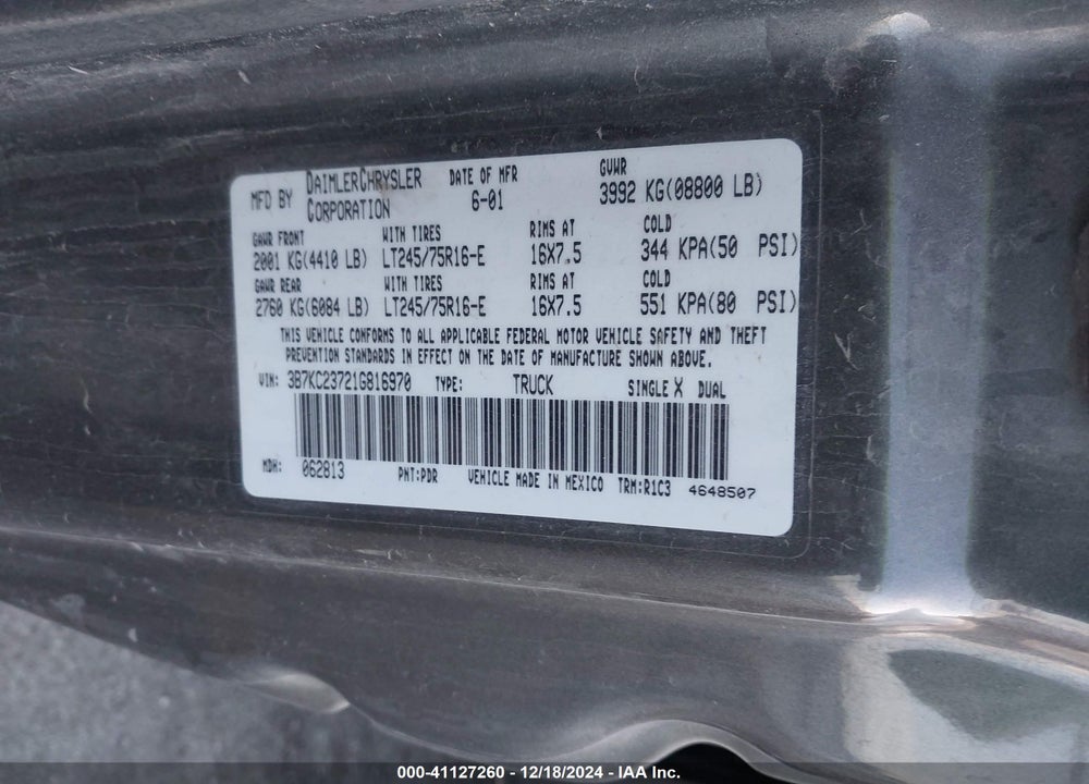 2001 DODGE RAM 2500 ST VIN: 3B7KC23721G816970
