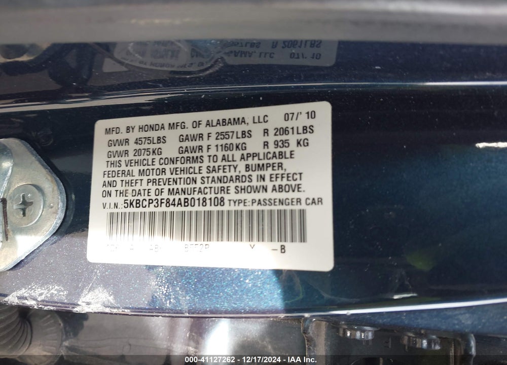 2010 HONDA ACCORD VIN: 5KBCP3F84AB018108