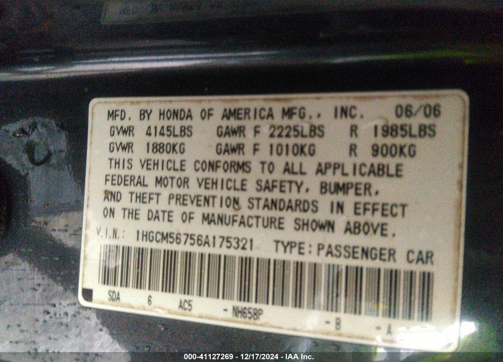 2006 HONDA ACCORD 2.4 EX VIN: 1HGCM56756A175321