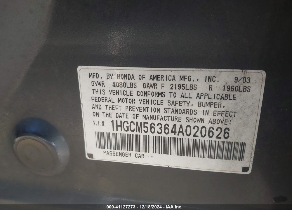 2004 HONDA ACCORD 2.4 LX VIN: 1HGCM56364A020626