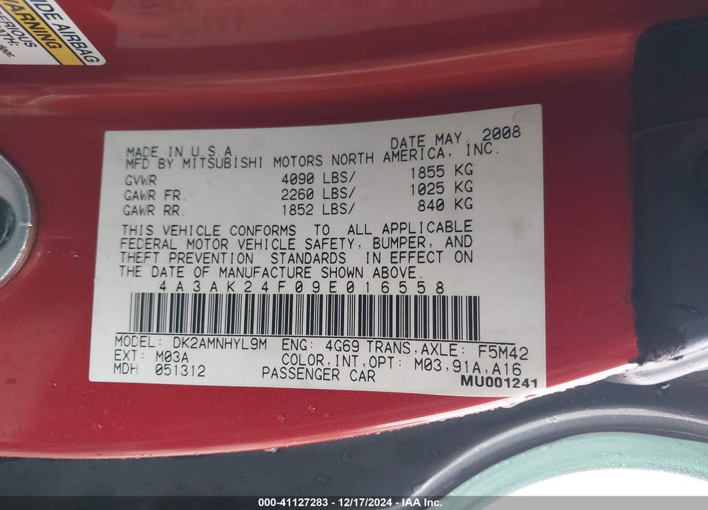 2009 MITSUBISHI ECLIPSE VIN: 4A3AK24F09E016558