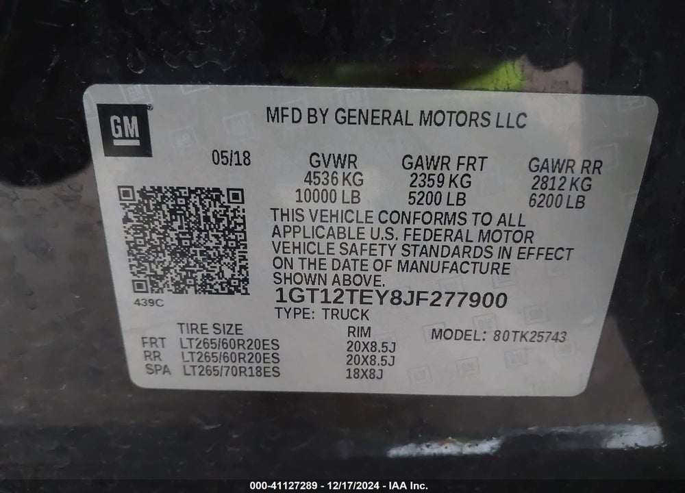 2018 GMC SIERRA 2500HD VIN: 1GT12TEY8JF277900