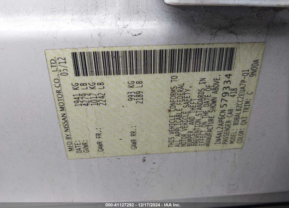 2012 NISSAN ALTIMA 2.5 S VIN: 1N4AL2AP6CN579334