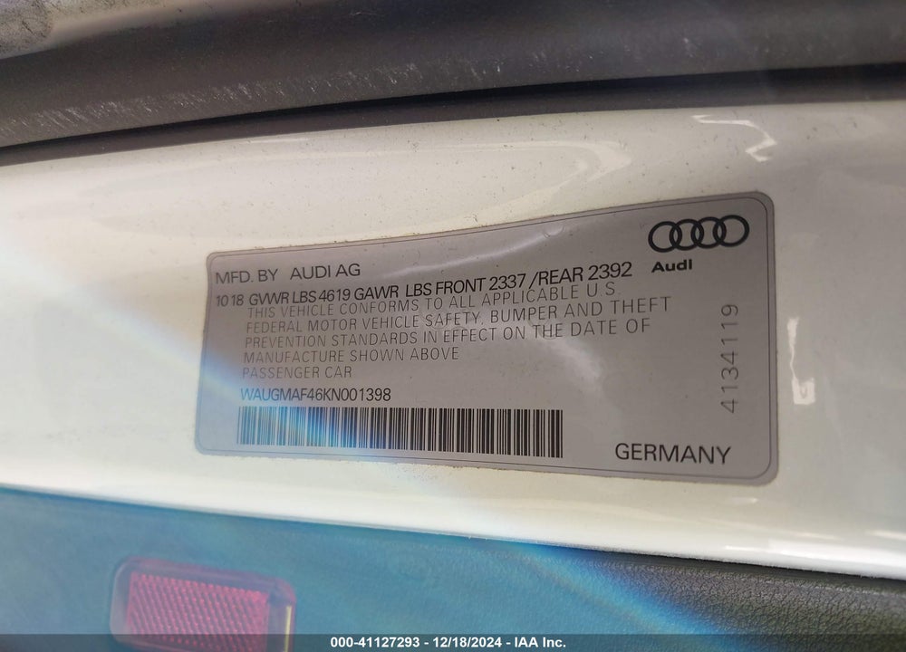 2019 AUDI A4 VIN: WAUGMAF46KN001398