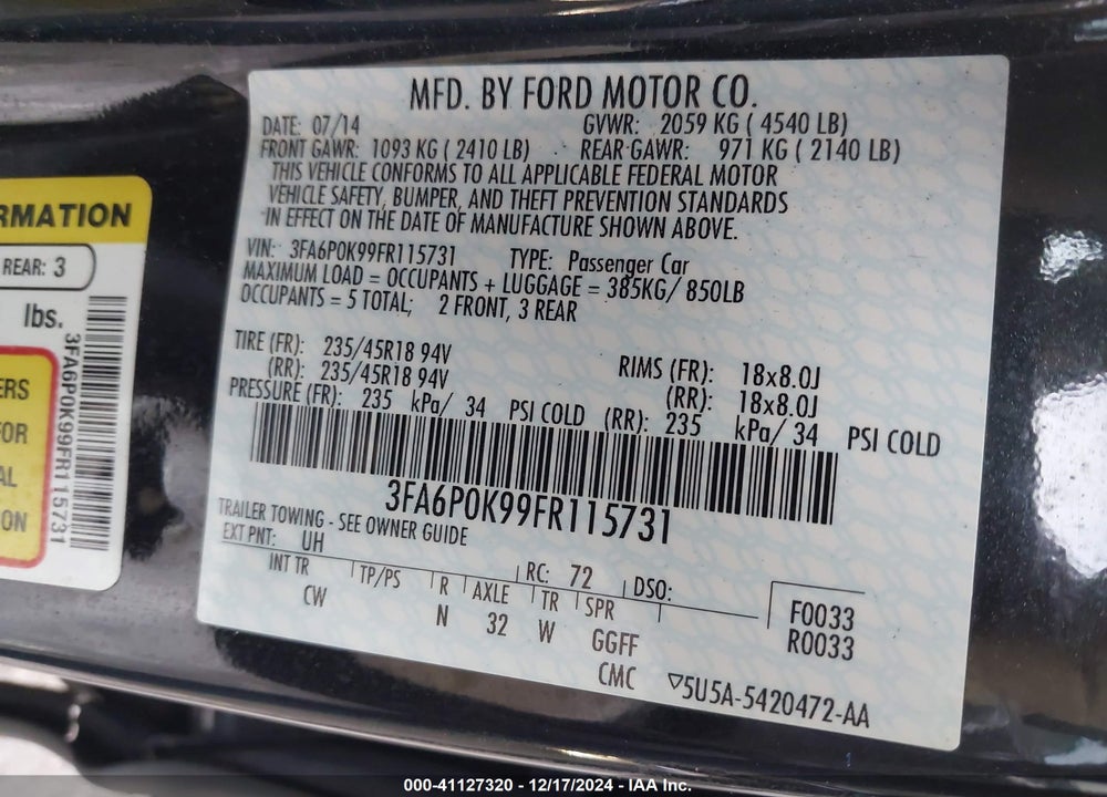 2015 FORD FUSION TITANIUM VIN: 3FA6P0K99FR115731