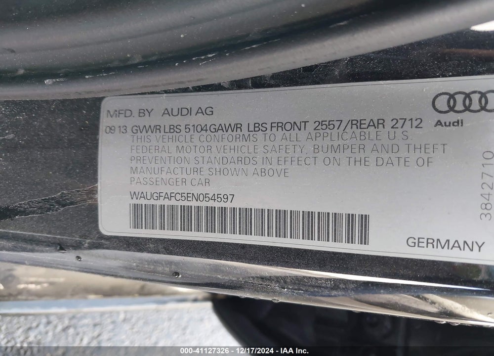 2014 AUDI A6 2.0T PREMIUM VIN: WAUGFAFC5EN054597