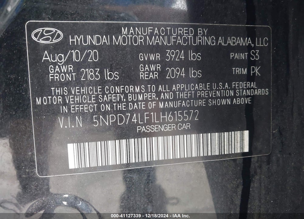 2020 HYUNDAI ELANTRA SE VIN: 5NPD74LF1LH615572