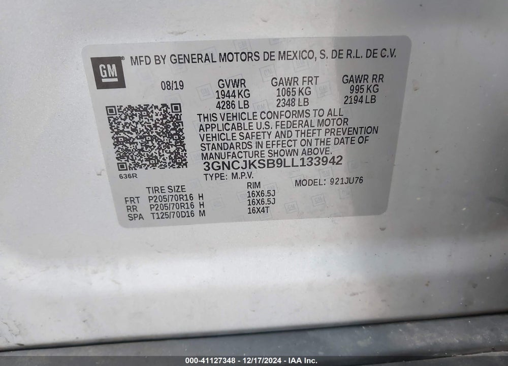 2020 CHEVROLET TRAX FWD LS VIN: 3GNCJKSB9LL133942