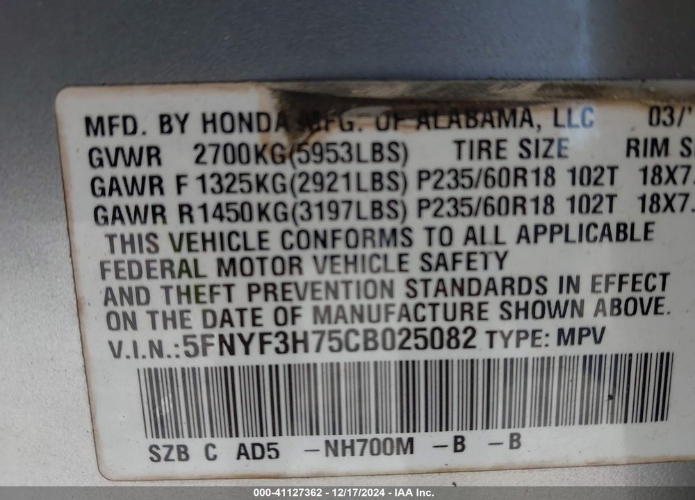 2012 HONDA PILOT EX-L VIN: 5FNYF3H75CB025082