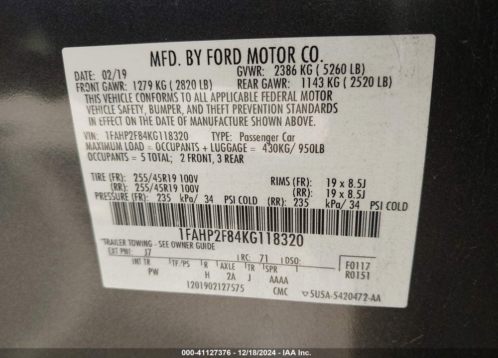 2019 FORD TAURUS LIMITED VIN: 1FAHP2F84KG118320