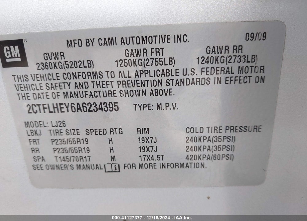 2010 GMC TERRAIN SLT-2 VIN: 2CTFLHEY6A6234395