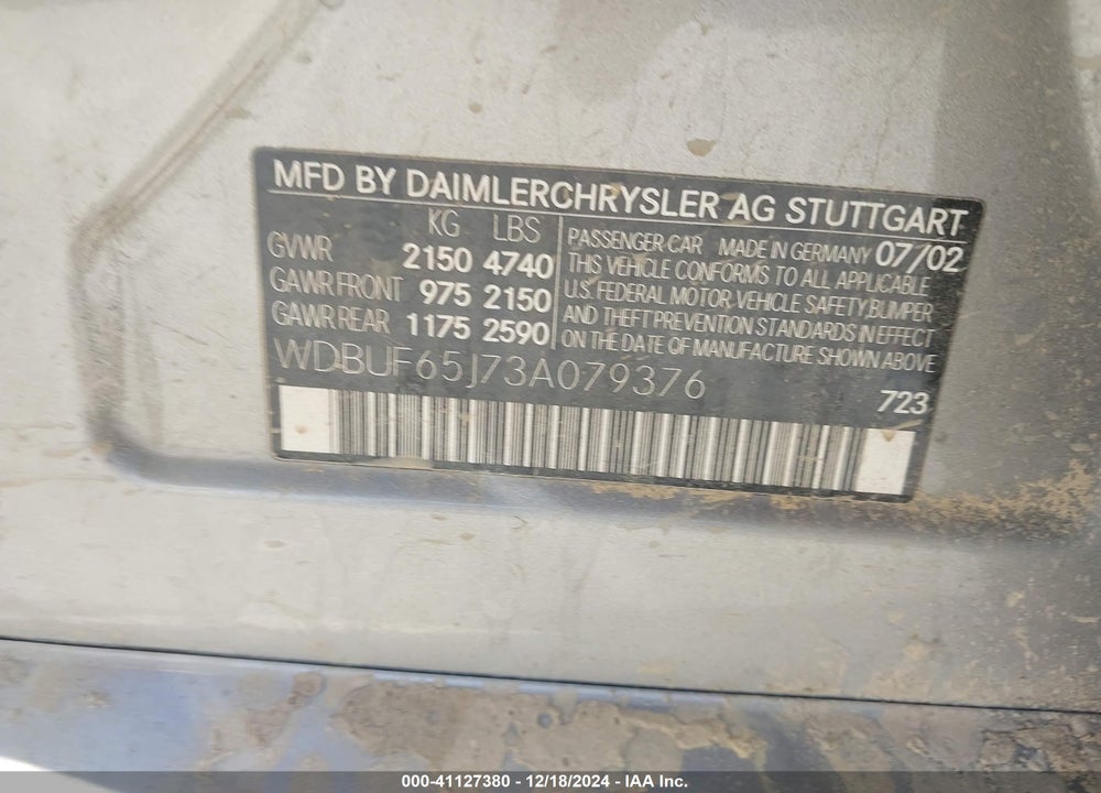 2003 MERCEDES-BENZ E 320 VIN: WDBUF65J73A079376