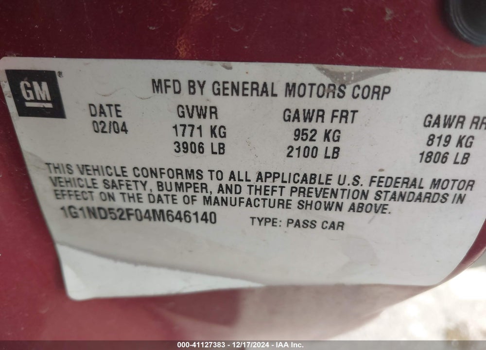 2004 CHEVROLET CLASSIC VIN: 1G1ND52F04M646140