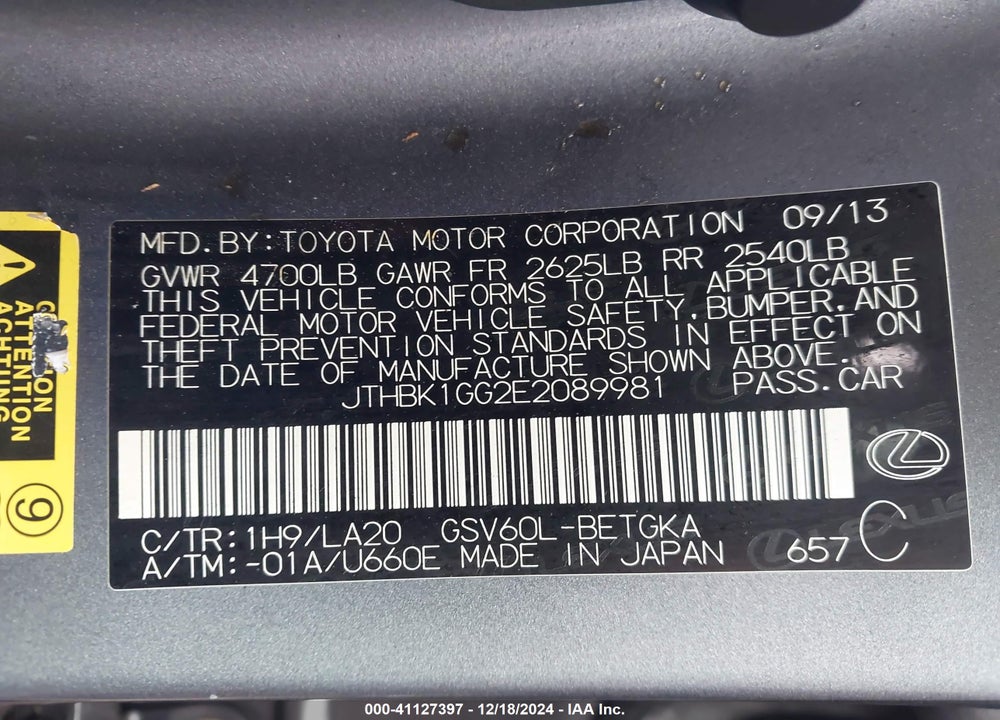 2014 LEXUS ES 350 VIN: JTHBK1GG2E2089981