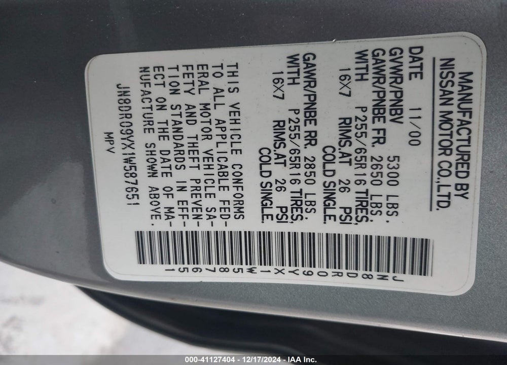 2001 NISSAN PATHFINDER LE VIN: JN8DR09YX1W587651