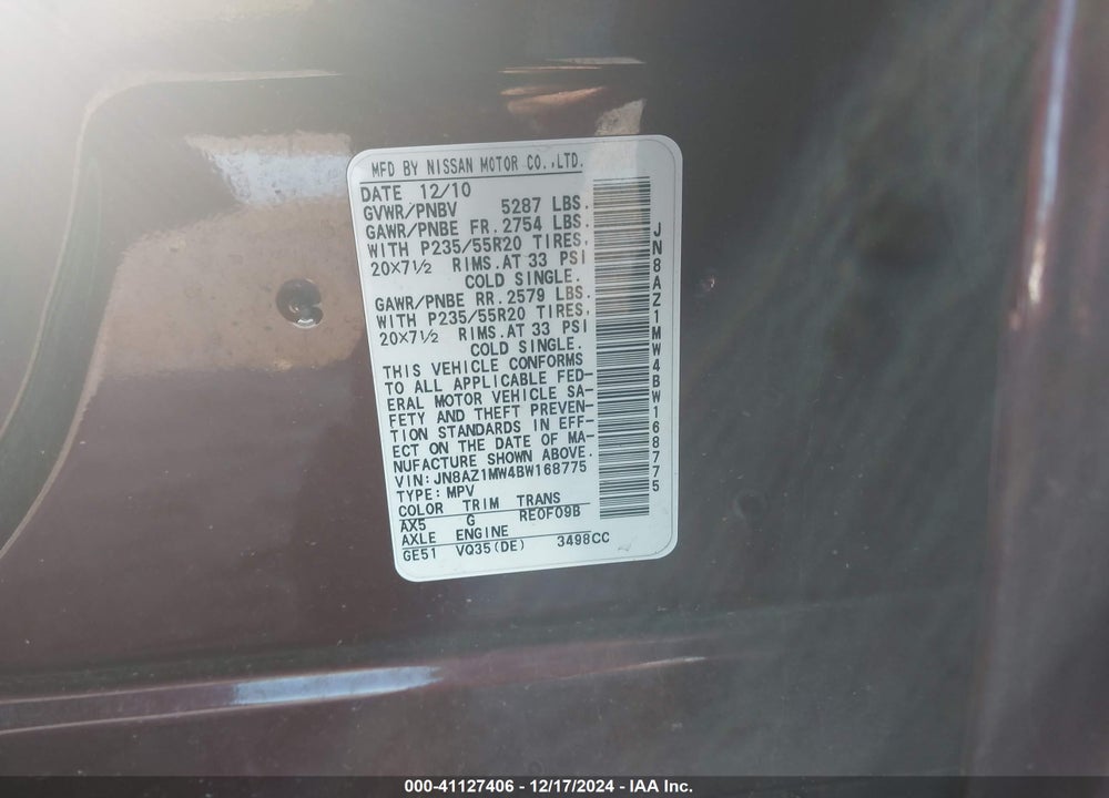 2011 NISSAN MURANO LE VIN: JN8AZ1MW4BW168775