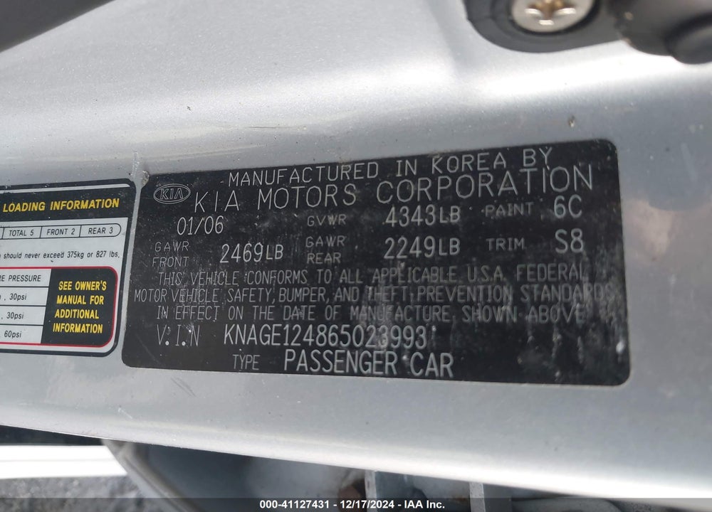 2006 KIA OPTIMA EX V6 (NEW)/LX V6 (NEW) VIN: KNAGE124865023993