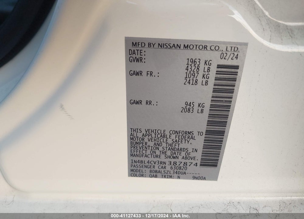 2024 NISSAN ALTIMA SR FWD VIN: 1N4BL4CV3RN387874