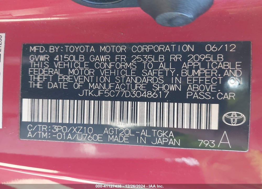 2013 SCION TC VIN: JTKJF5C77D3048617
