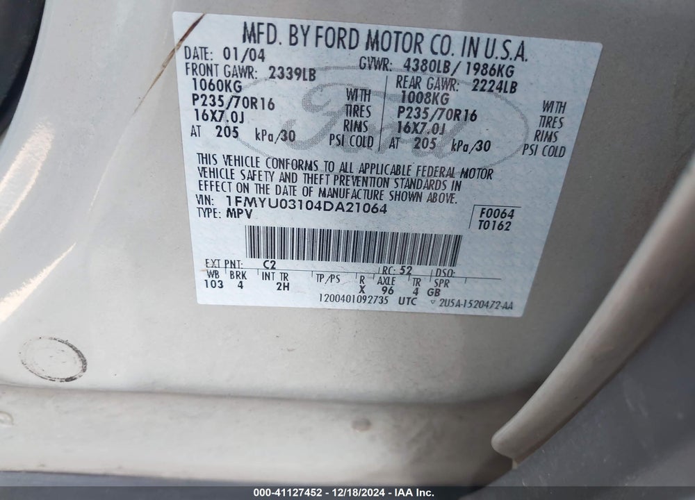 2004 FORD ESCAPE XLT VIN: 1FMYU03104DA21064