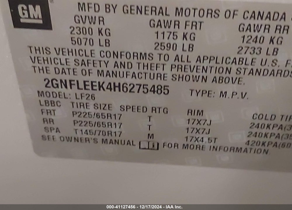 2017 CHEVROLET EQUINOX LS VIN: 2GNFLEEK4H6275485