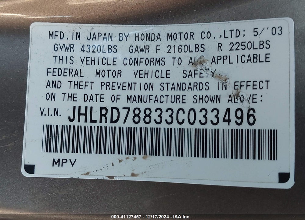 2003 HONDA CR-V EX VIN: JHLRD78833C033496