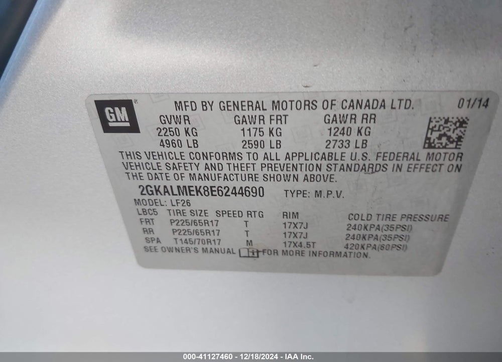 2014 GMC TERRAIN SLE-1 VIN: 2GKALMEK8E6244690