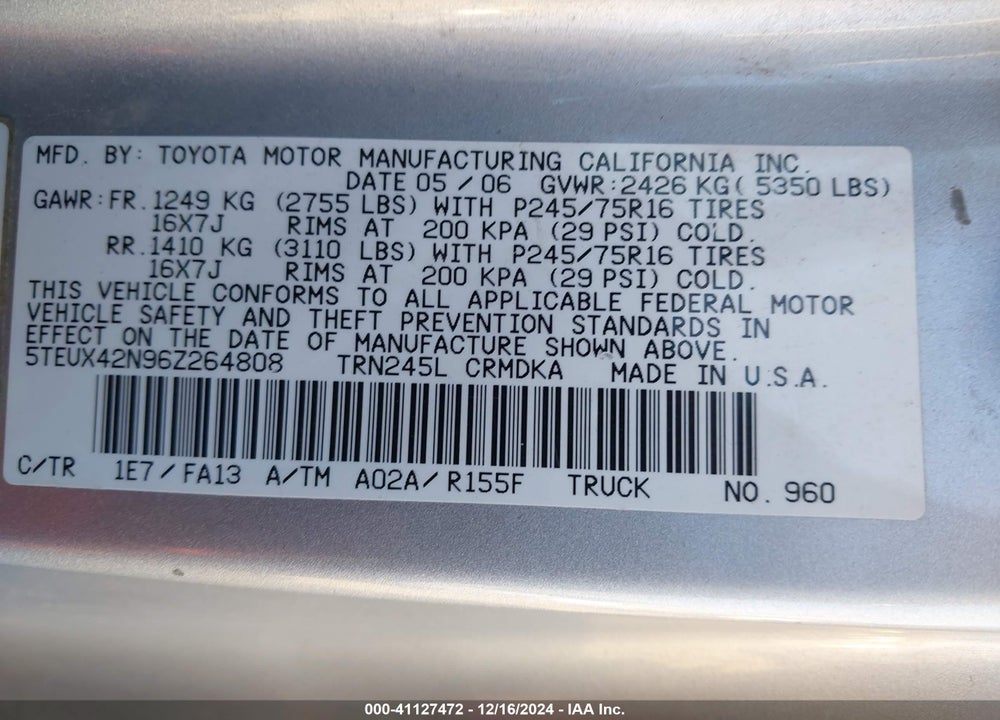 2006 TOYOTA TACOMA VIN: 5TEUX42N96Z264808