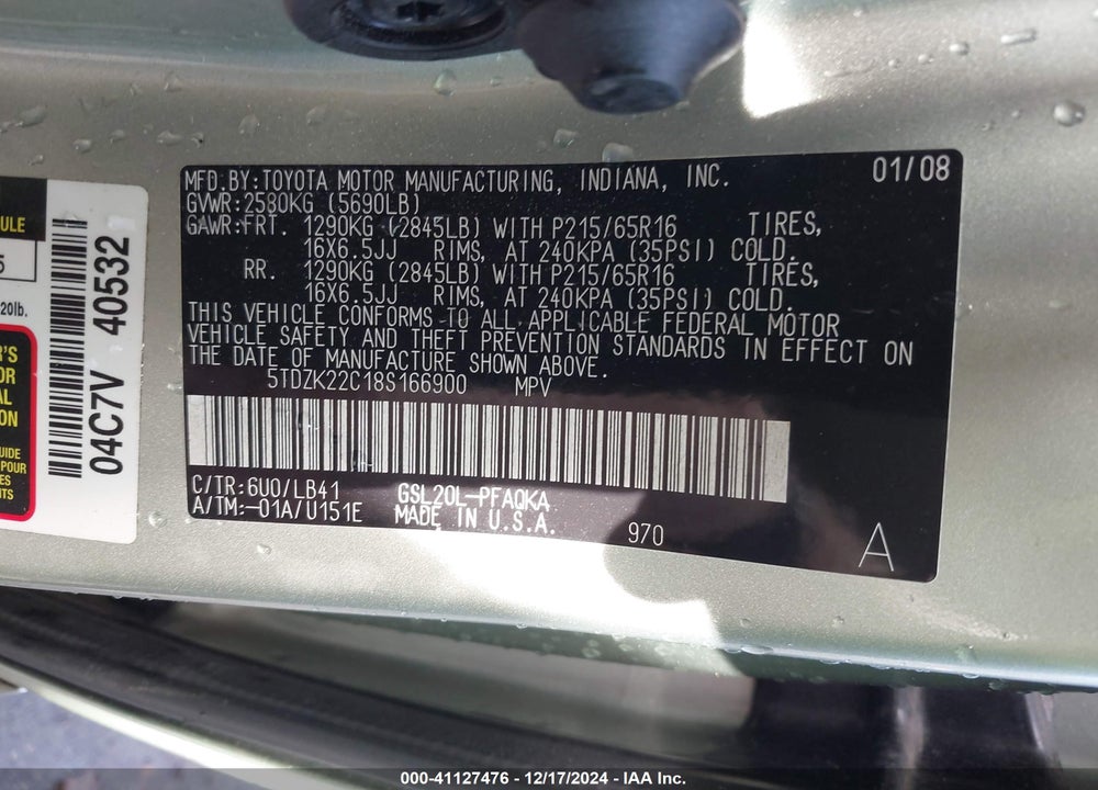 2008 TOYOTA SIENNA XLE VIN: 5TDZK22C18S166900