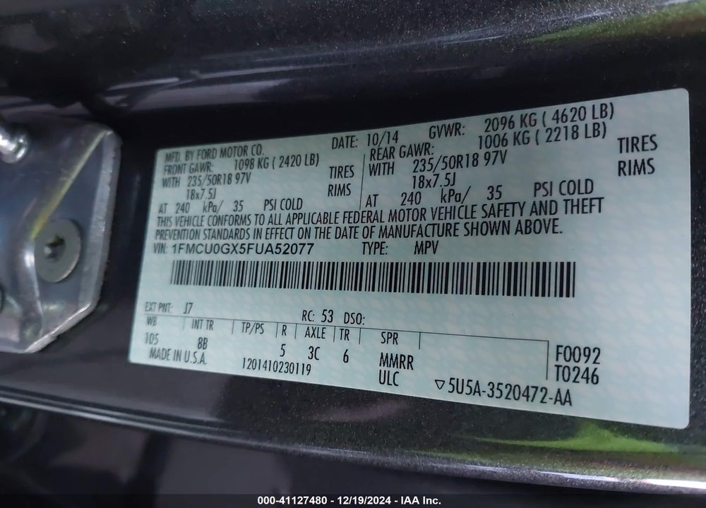2015 FORD ESCAPE SE VIN: 1FMCU0GX5FUA52077