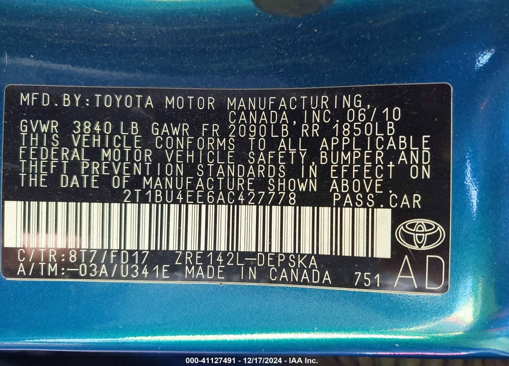 2010 TOYOTA COROLLA S VIN: 2T1BU4EE6AC427778
