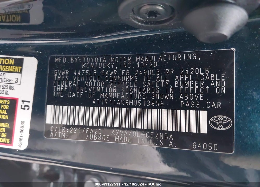 2021 TOYOTA CAMRY LE VIN: 4T1R11AK8MU513856