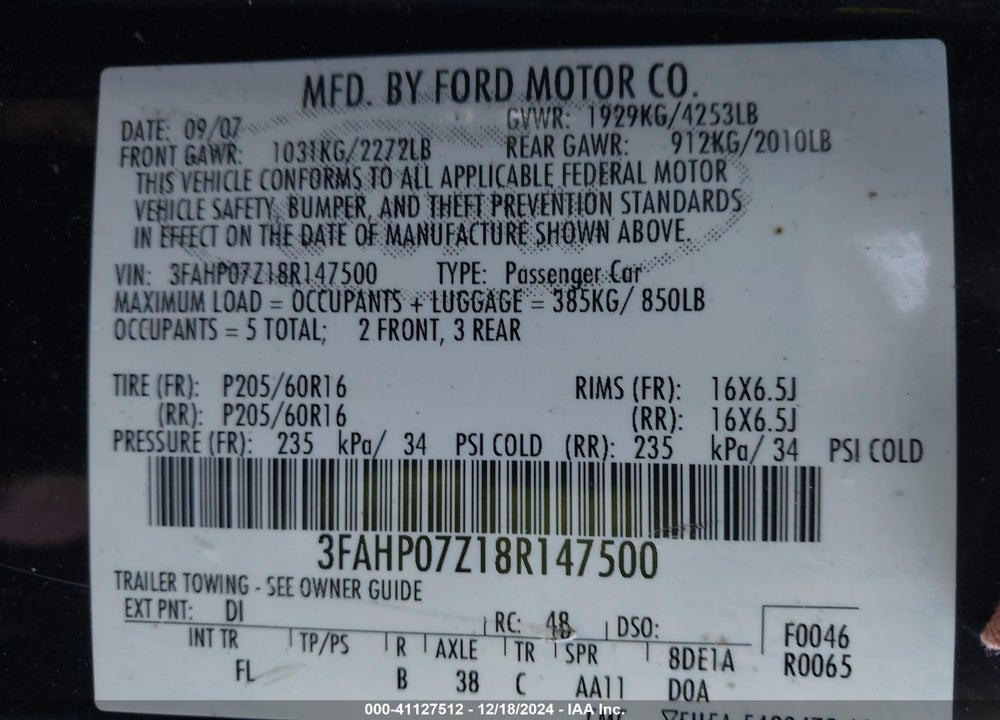 2008 FORD FUSION SE VIN: 3FAHP07Z18R147500