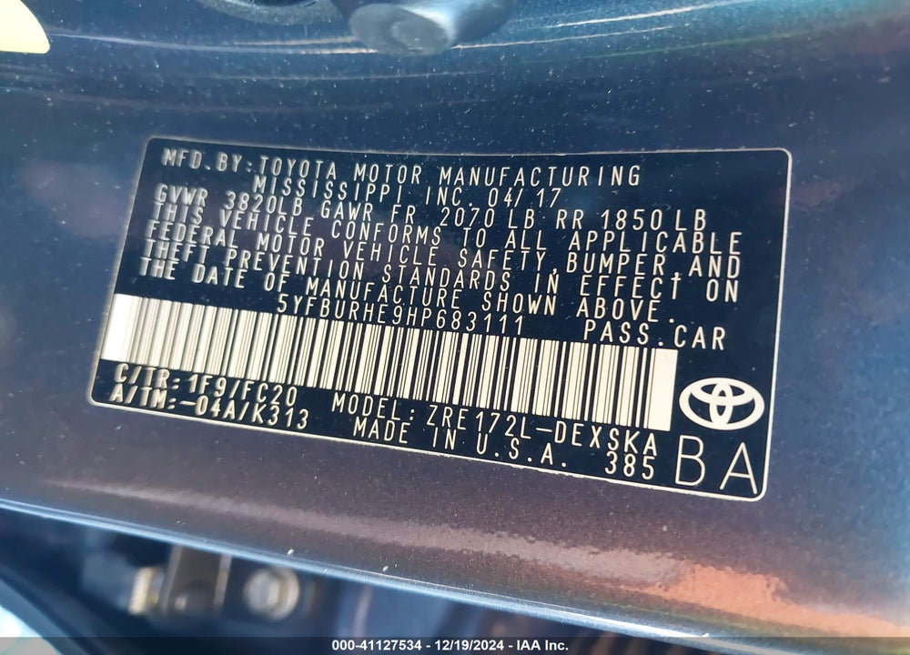 2017 TOYOTA COROLLA VIN: 5YFBURHE9HP683111