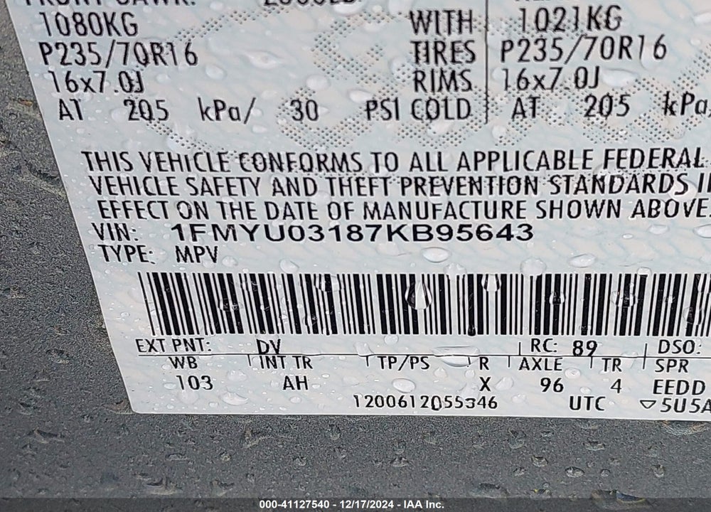 2007 FORD ESCAPE XLT/XLT SPORT VIN: 1FMYU03187KB95643