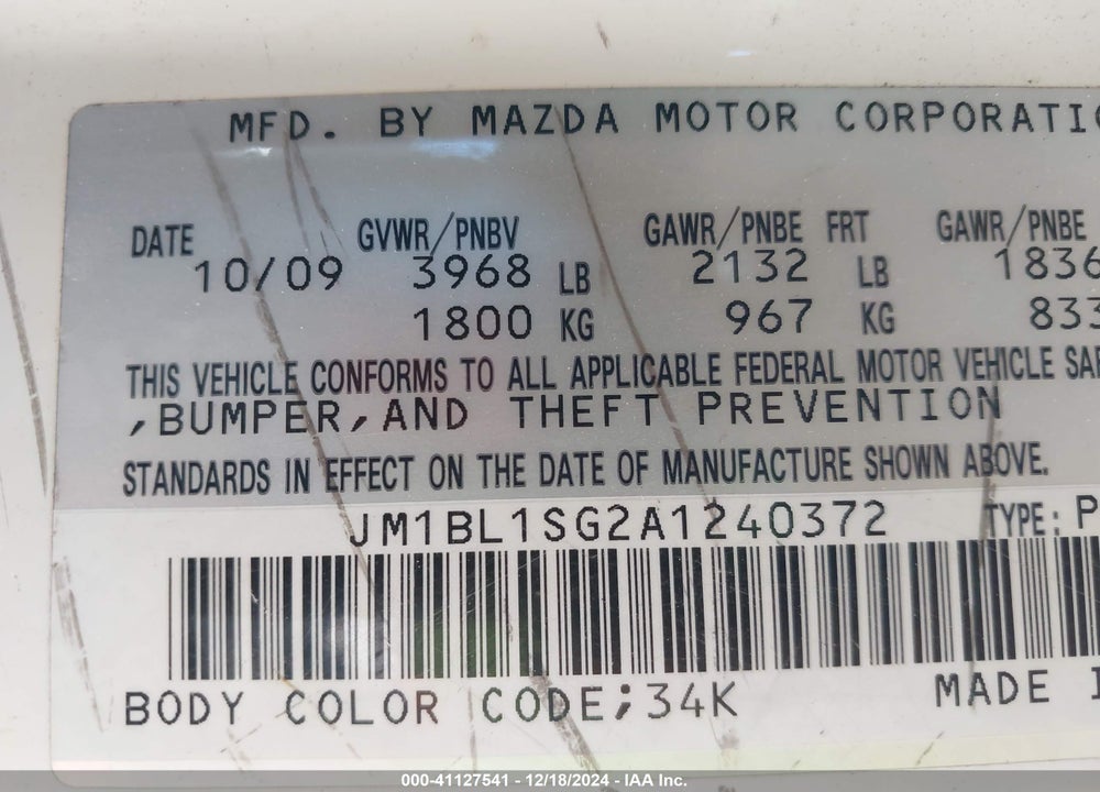 2010 MAZDA 3 I TOURING VIN: JM1BL1SG2A1240372
