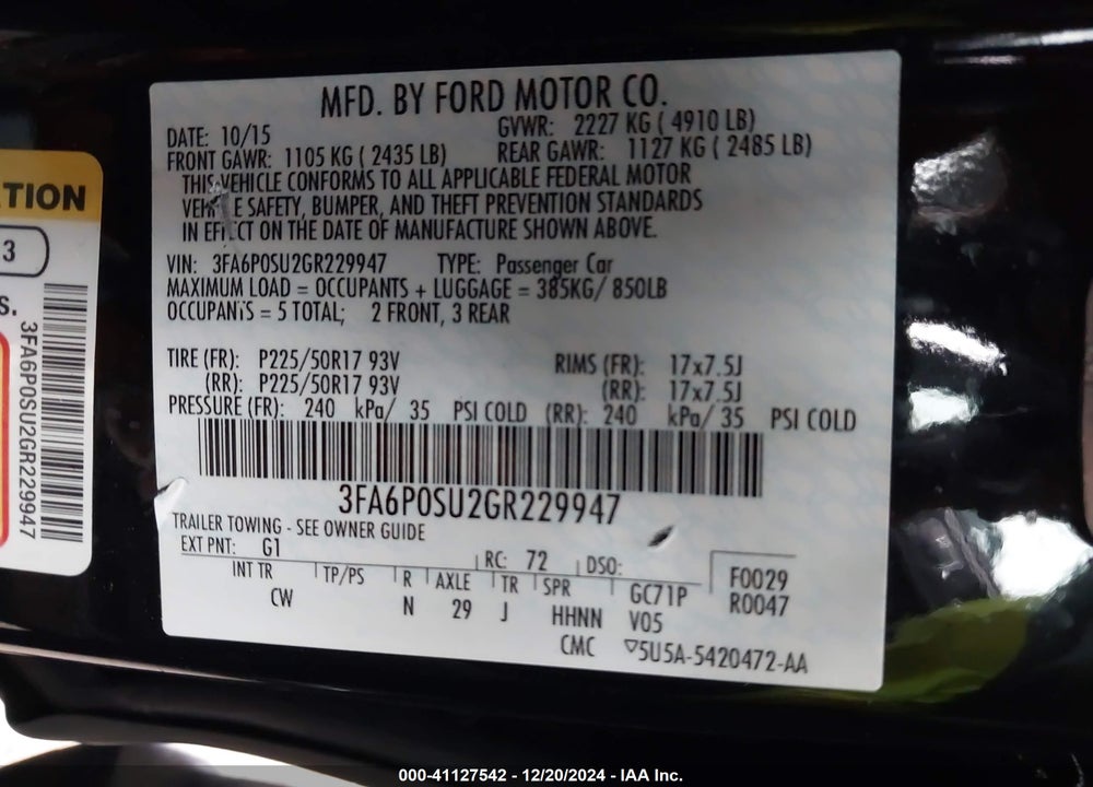 2016 FORD FUSION ENERGI TITANIUM VIN: 3FA6P0SU2GR229947