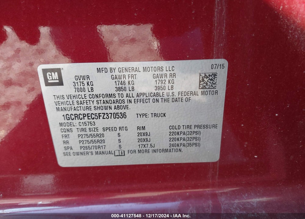 2015 CHEVROLET SILVERADO 1500 VIN: 1GCRCPEC5FZ370536