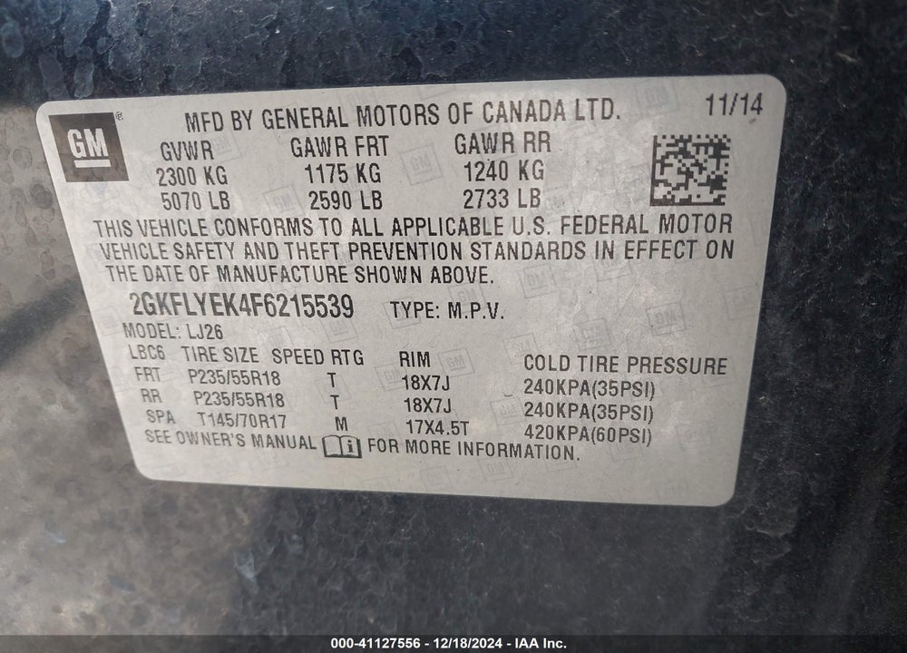 2015 GMC TERRAIN SLT-2 VIN: 2GKFLYEK4F6215539