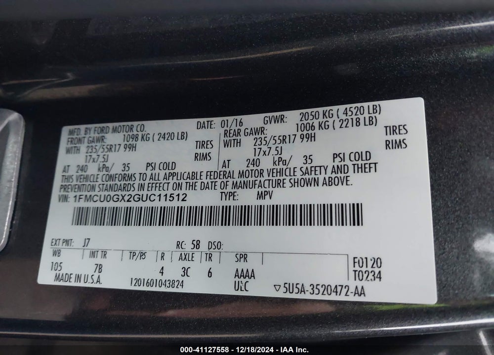 2016 FORD ESCAPE SE VIN: 1FMCU0GX2GUC11512