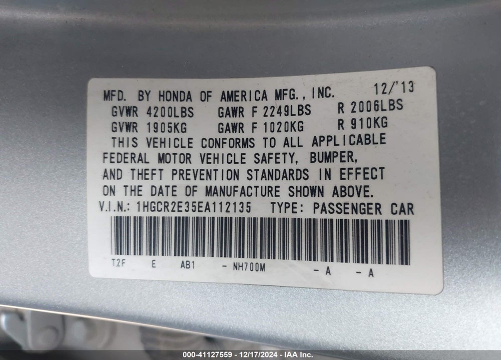 2014 HONDA ACCORD LX VIN: 1HGCR2E35EA112135