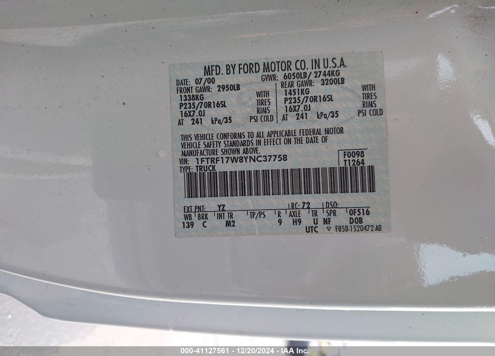 2000 FORD F-150 WORK SERIES/XL/XLT VIN: 1FTRF17W8YNC37758
