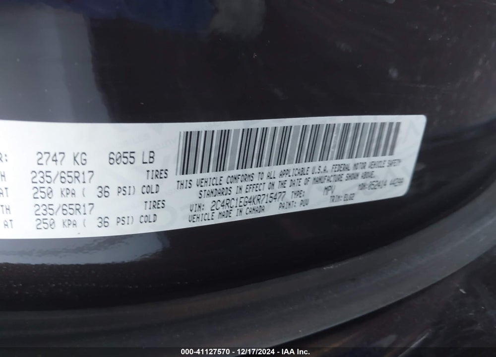 2019 CHRYSLER PACIFICA TOURING L PLUS VIN: 2C4RC1EG4KR715477