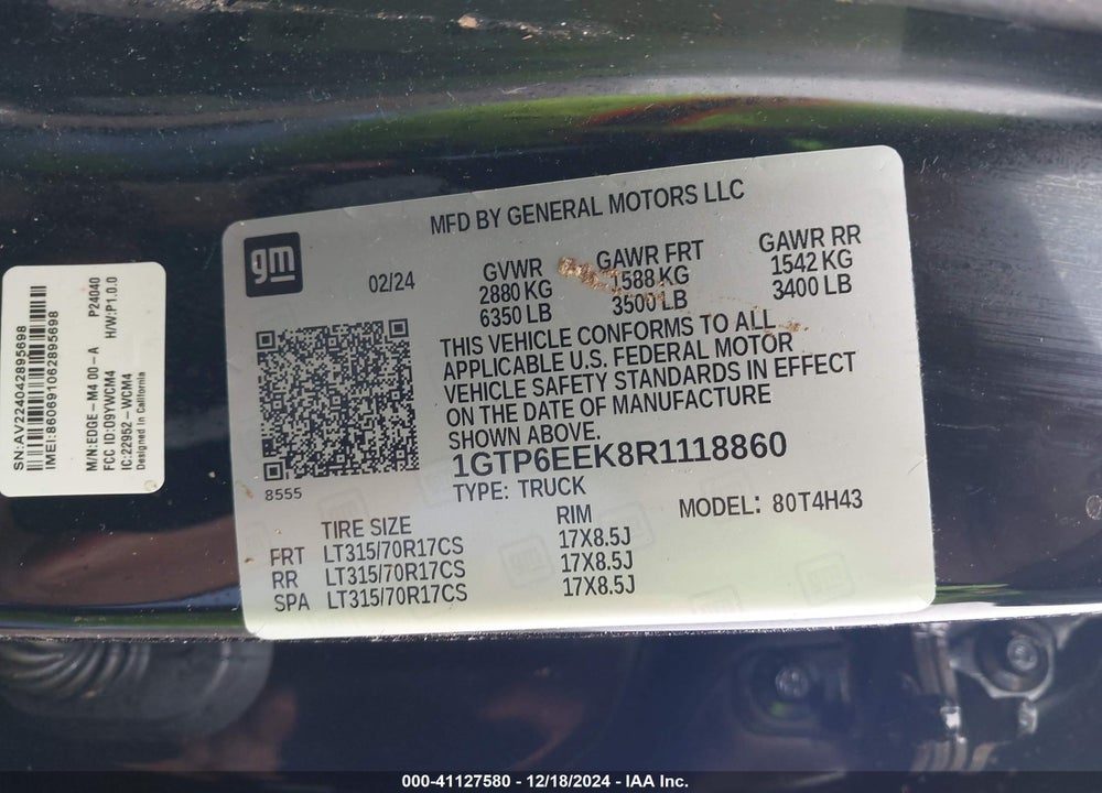 2024 GMC CANYON 4WD AT4X VIN: 1GTP6EEK8R1118860
