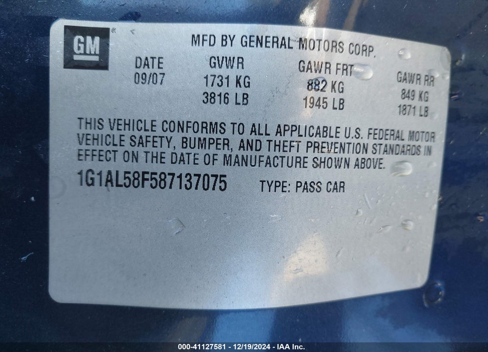 2008 CHEVROLET COBALT LT VIN: 1G1AL58F587137075