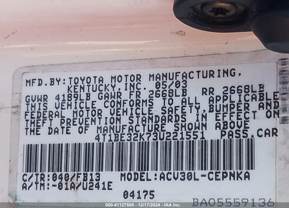 2003 TOYOTA CAMRY LE VIN: 4T1BE32K73U221551