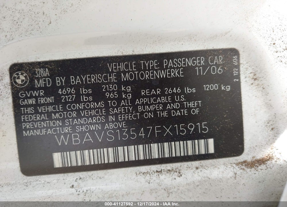 2007 BMW 328I VIN: WBAVS13547FX15915